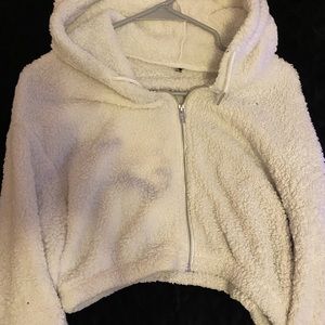 Fuzzy Cream Cropped Zip Up Jacket